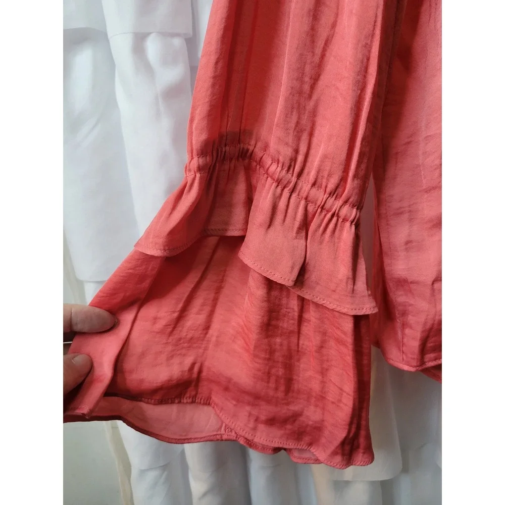 A New Day Coral Pink Ruffle V-Neck Long Sleeve Blouse XXL Satin Sheen Top 1929